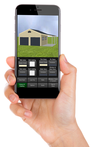 Shed designer app on smartphone screen in hand