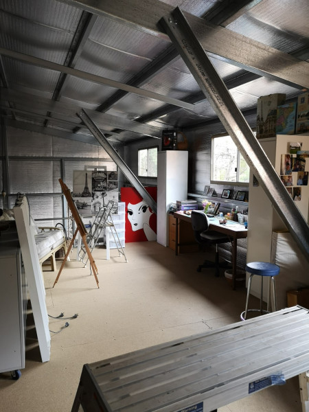 Inside the art studio in a new steel shed