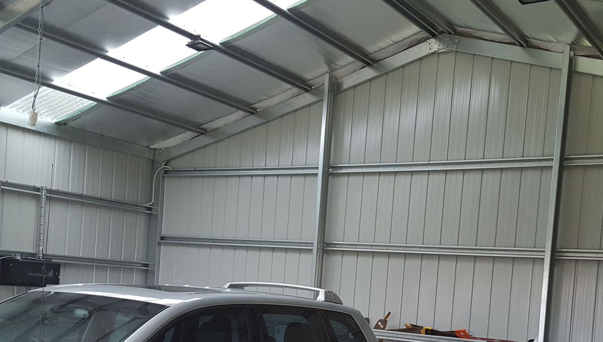 Inside of a gable roof shed with translucent skylight panels