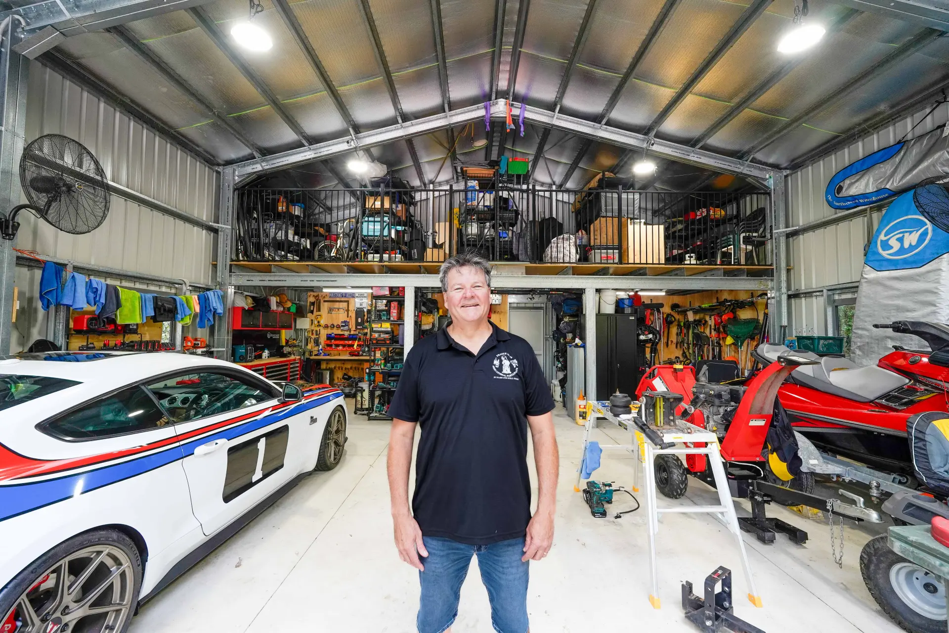 Interior of workshop shed with mezzanine