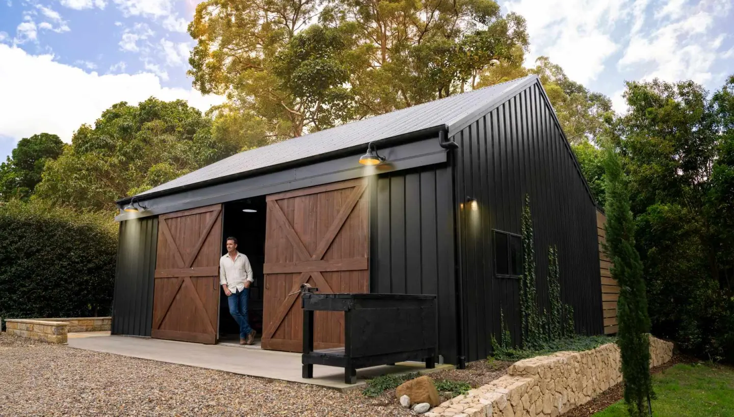 Front view of Monument shed with timber barn doors