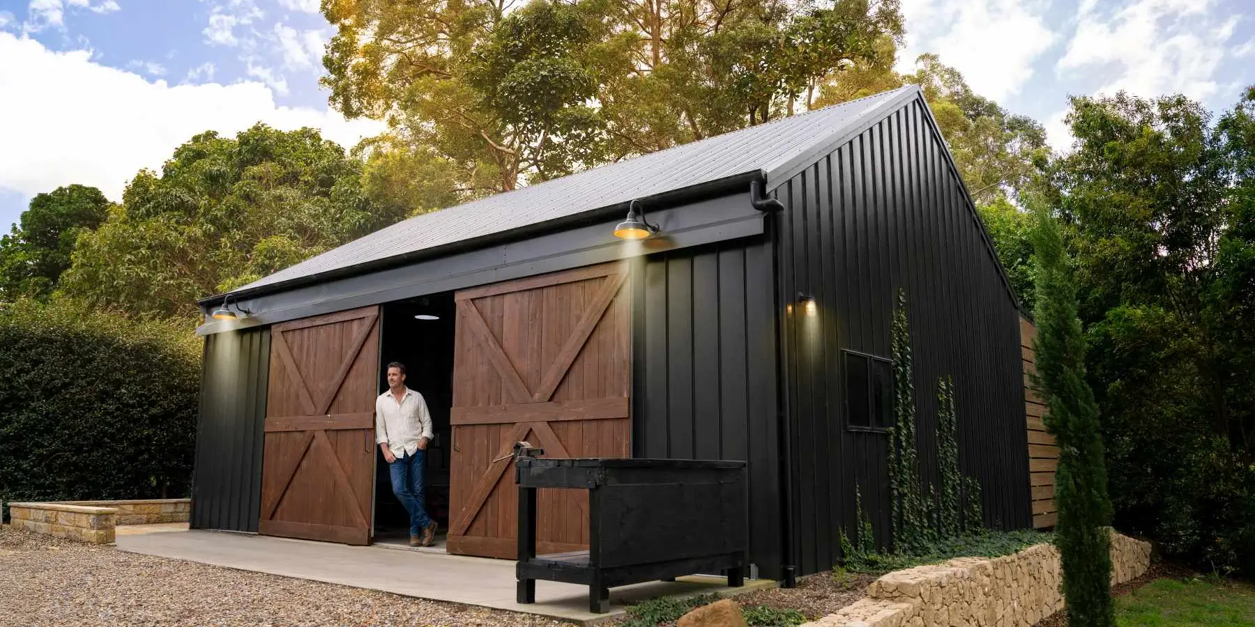 Front view of Monument shed with timber barn doors