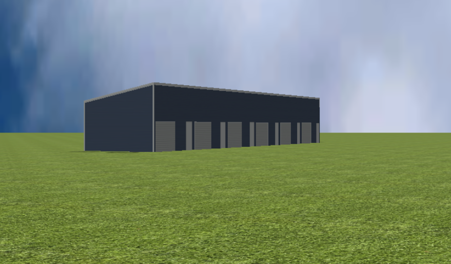 Commercial self storage render with 11 degree skillion roof
