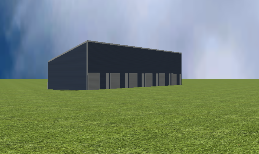 Commercial self storage render with 22 degree skillion roof