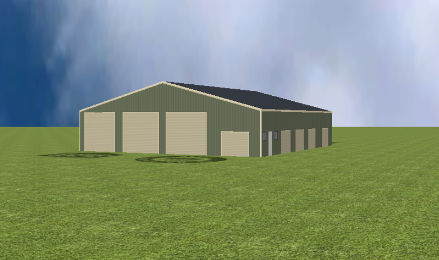 Industrial warehouse render with 15 degree gable roof