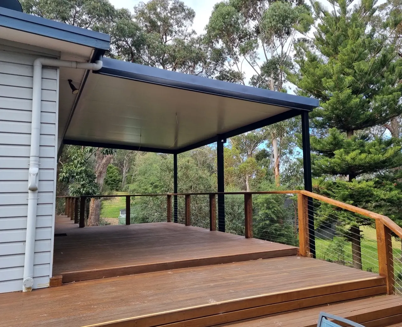 7.3 x 4.3 outdoor area, 2 deg pitch, 2 custom length posts of 4m , 50mm insulated roof panels, COLORBOND Woodland Grey® , Deep Ocean®  and Night Sky®  Large