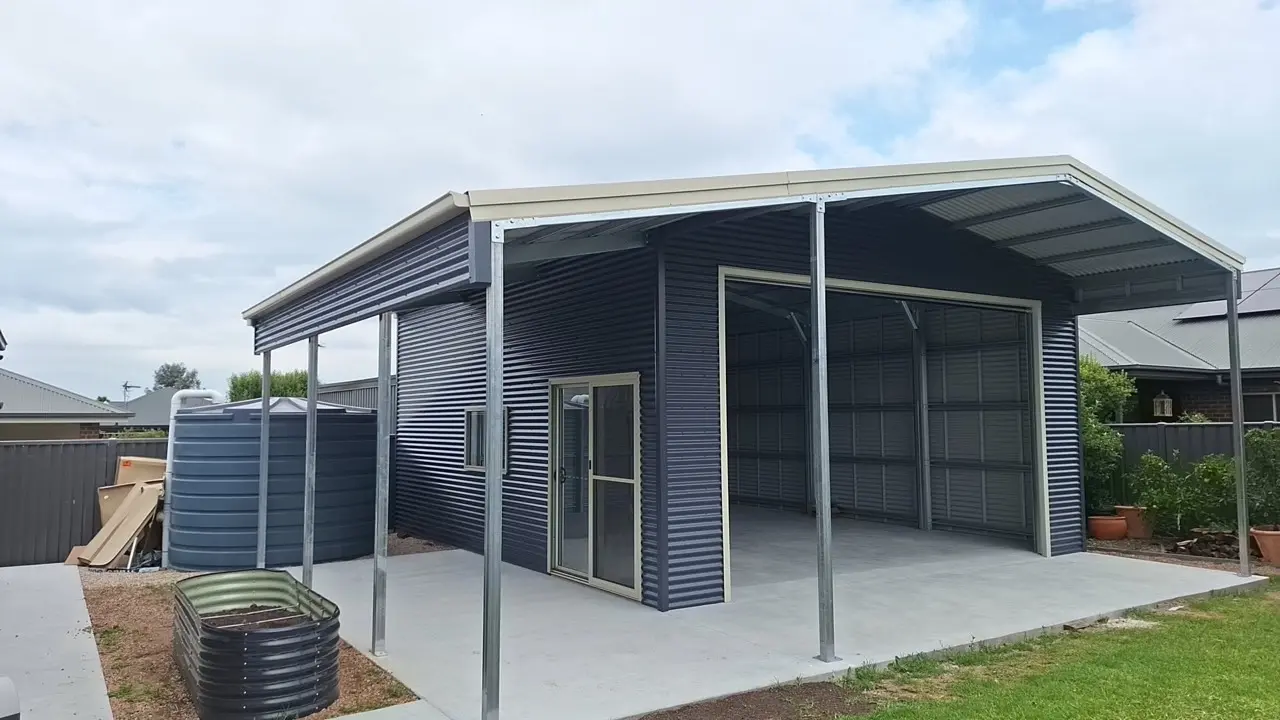 Gable Shed with lean to, 9.4m x 3.5m, 11 deg pitch, COLORBOND® Ironstone® Evening Haze Large