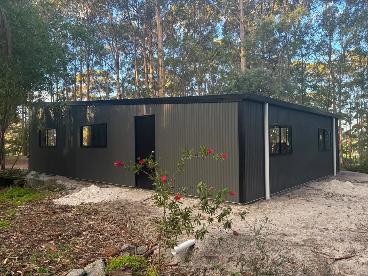 Dark grey skillion shed with windows in Albany